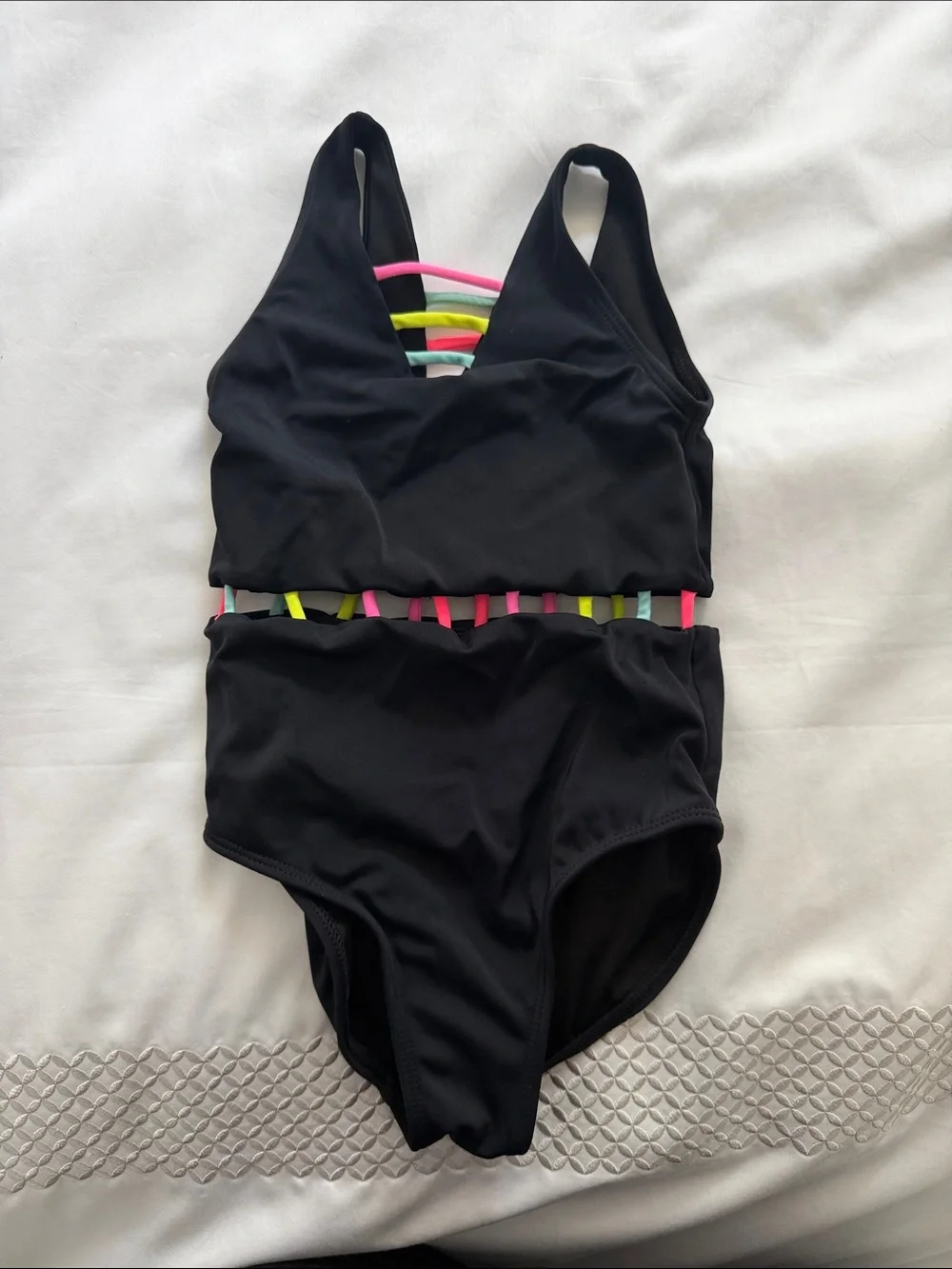 Peixoto Black One-Piece Swimsuit with Neon Pink, Yellow, Green and Blue Straps